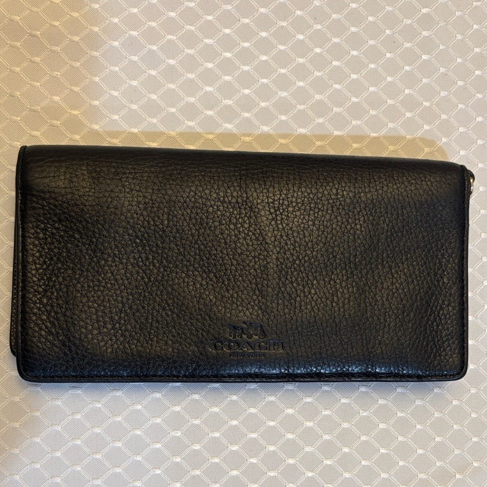 Coach Black Leather Bifold Slim Wallet with Gold-tone Hardware